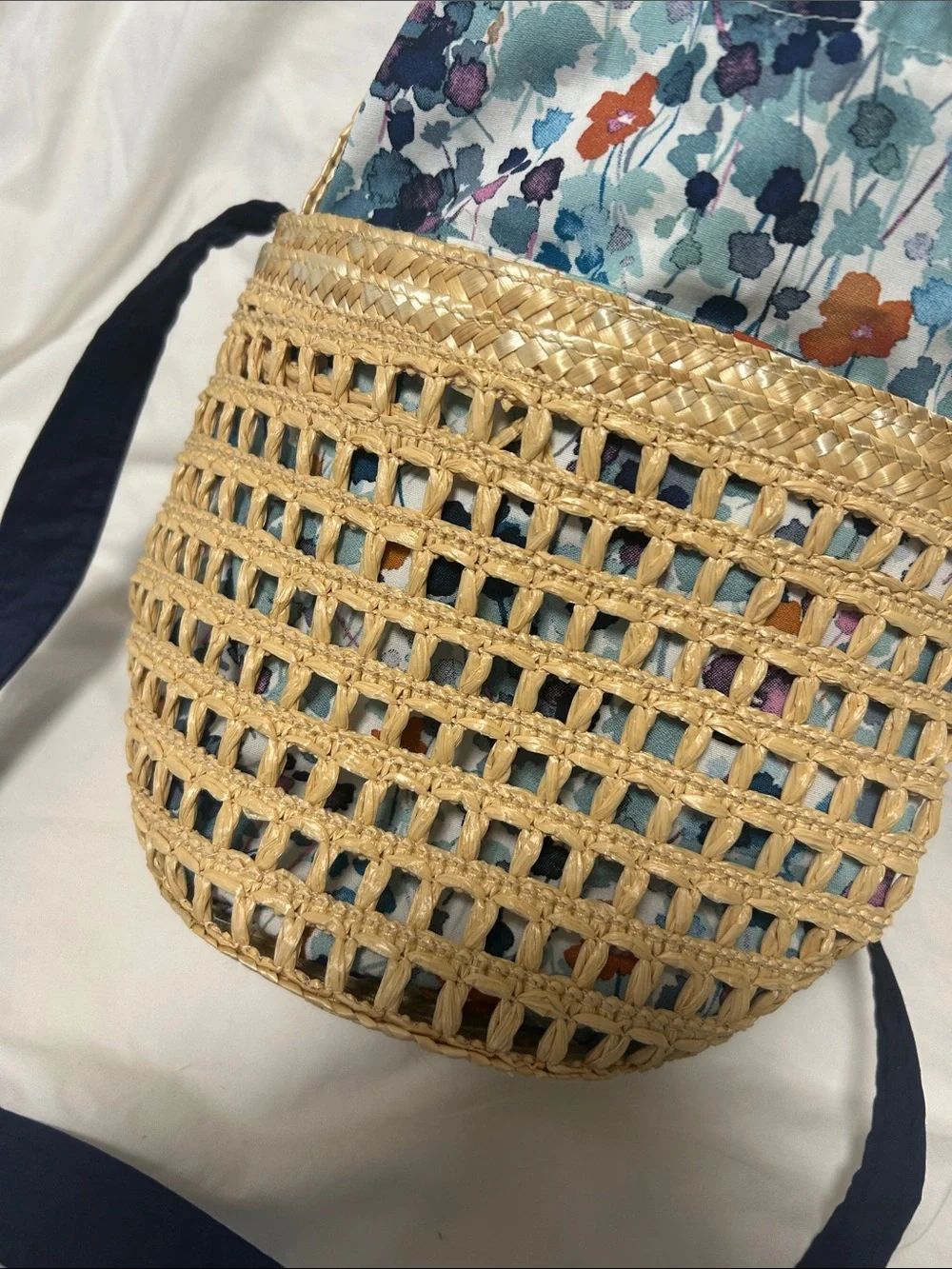 Il Gufo Straw Tote with Blue and Pink Floral Interior ( Liberty)